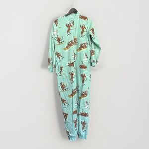 Nick Nora Pajamas Teal Sock Monkeys Fleece One Piece Skiing Sledding Womens Sz S